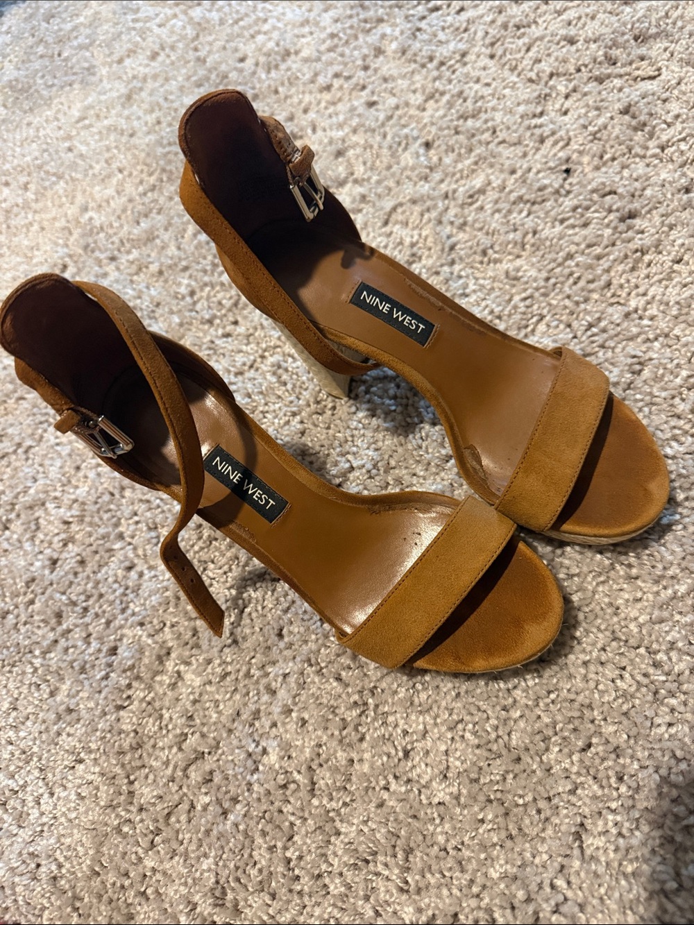 Nine West Cognac Suede Open-Toe Ankle-Strap Heels